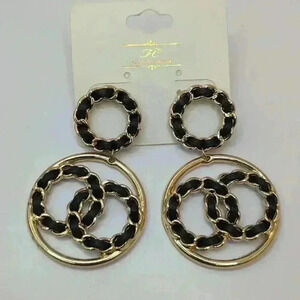New gold tone black leather chain CC earrings